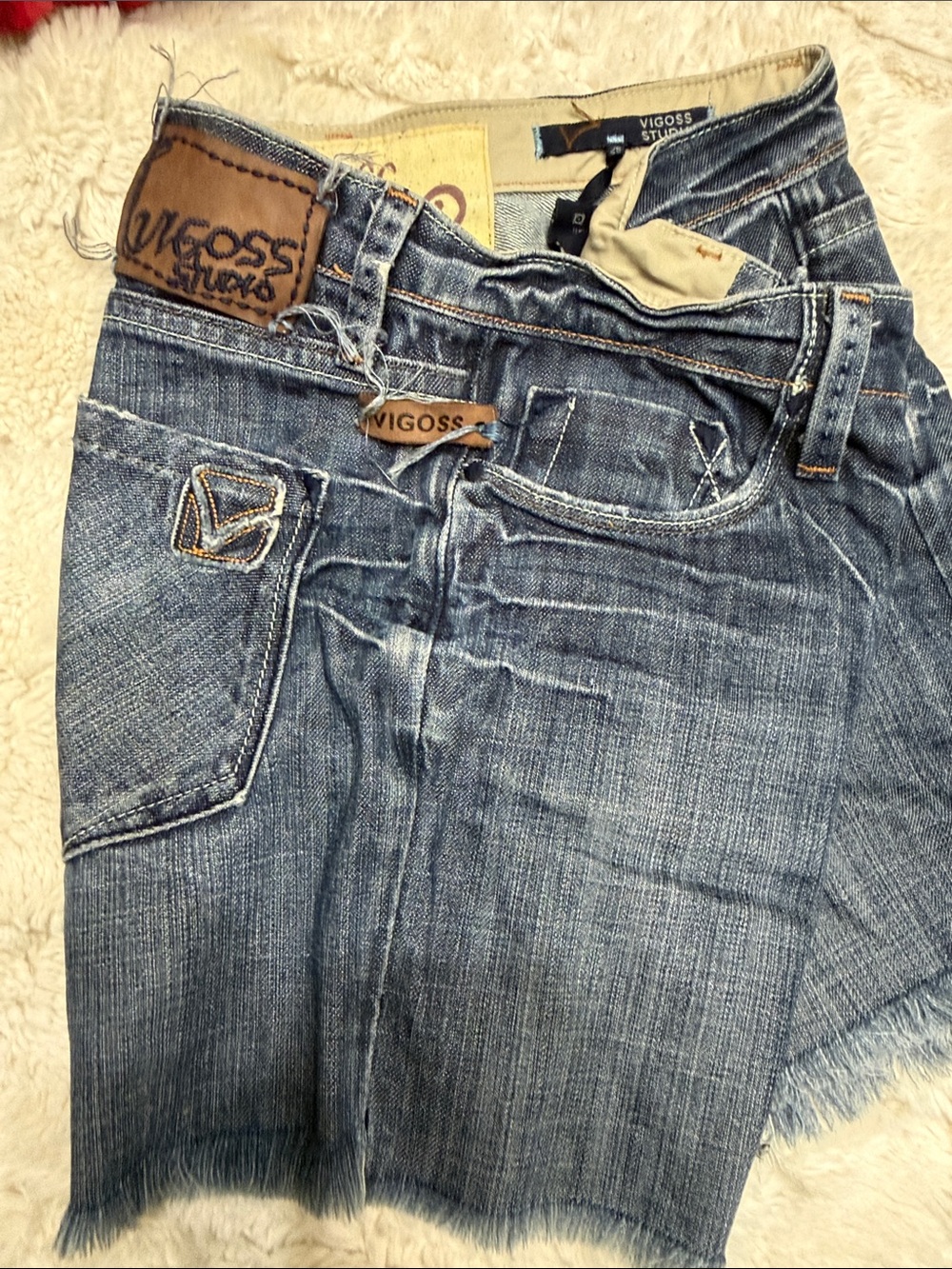 Vintage Vigoss Blue Washed Distressed Denim Shorts with leather tags